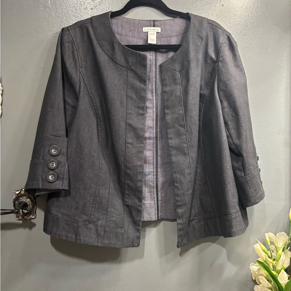 Fashion Bug Dark Gray Jean Denim Jacket Half Mid Sleeve Layering Office Casual